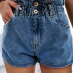 Ψηλόμεσο denim κοντό shorts μπλε
