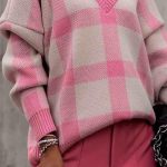 V neck καρώ πουλόβερ ροζ