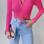 V neck τοπ φούξια