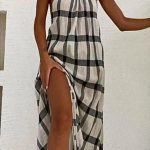 Μάξι καρώ halter neck φόρεμα