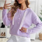 Knitted hoodie με λεπτομέρεια δαντέλα μωβ