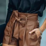 High waisted leather σορτς καφέ