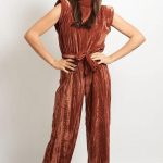 Velvet pleated jumpsuit καφέ