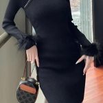 Rib φόρεμα με strass και πούπουλα μαύρο