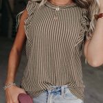 Ριγέ country t-shirt με βολάν μπεζ