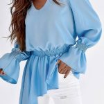 V neck ασύμμετρη μπλούζα σιελ