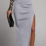 Rib midi φούστα με σκίσιμο γκρι