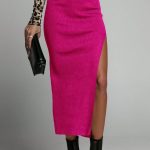 Rib midi φούστα με σκίσιμο ροζ