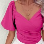 Pink κρουαζέ τοπ με φουσκωτά μανίκια