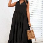 Maxi boho φόρεμα πλισέ με print μαύρο