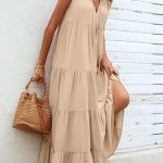 Maxi boho φόρεμα πλισέ με print μπεζ