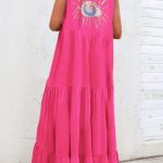 Maxi boho φόρεμα πλισέ με print φούξια