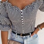 Gingham off shoulder τοπάκι με κουμπιά