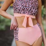 Front knot σομόν λεοπαρ ψηλόμεσο tankini