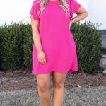 Φούξια φόρεμα με μικρό βολάν στα μανίκια