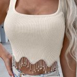 Strass rib crop τοπ μπεζ