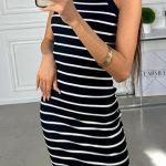 Midi ριγέ halterneck φόρεμα σε μαύρο