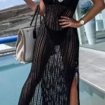 Boho πλεκτό μαύρο beachwear φόρεμα
