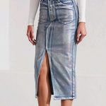 Metallic jean silver midi φούστα