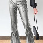 Δερμάτινο παντελόνι καμπάνα με σκίσιμο silver