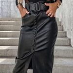 Midi leather φούστα με ζώνη και κουμπιά μαύρο