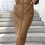 Midi leather φούστα με ζώνη και κουμπιά κάμελ