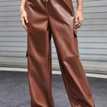 Καφέ loose δερμάτινο παντελόνι με τσέπες