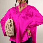 Σατέν φούξια ασύμμετρο V neck πουκάμισο