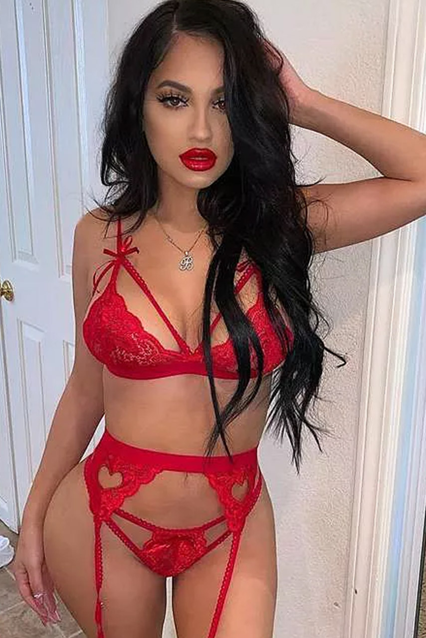 Κόκκινο 3 τεμ. strappy σετάκι με ζαρτιέρες-3