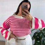 Crop top ριγέ πλεκτό φούξια