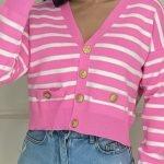 Ζακετάκι ριγέ κοντό με χρυσά κουμπιά ροζ