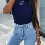 Μπλε rib αμάνικο τοπ halterneck