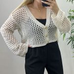 Διάτρητο ζακετάκι με καμπάνα μανίκι μαύρο λευκό