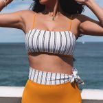 Μουσταρδί ρετρό ριγέ μπικίνι μαγιό