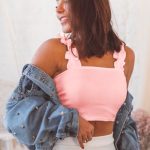 Rib crop top με βολάν ροζ