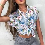 Αμάνικο floral print πουκάμισο μπλε