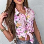 Αμάνικο floral print πουκάμισο ροζ