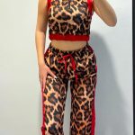 Λεοπάρ crop top σετ με κόκκινη ρίγα