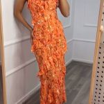 Floral ruffle μακρύ φόρεμα σε πορτοκάλι