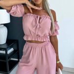 Καλοκαιρινό σετάκι παντελόνα με crop top ροζ