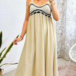 Βοho φαρδύ μακρύ φόρεμα με μακραμέ μπούστο σε μπεζ