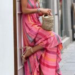 Μάξι ροζ boho φόρεμα με V