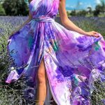 Floral maxi φόρεμα με έναν ώμο σε μωβ