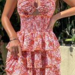 Floral φόρεμα με σφηκοφωλιά σε πορτοκαλί