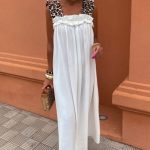 Maxi φόρεμα με λεοπαρ τιράντες σε λευκό