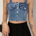 Crop top τζιν με κουμπιά μπλε
