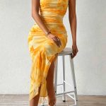 Στράπλες πορτοκαλί φόρεμα με σκίσιμο