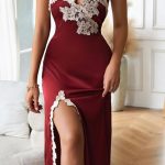 Midi νυχτικό φόρεμα με σκίσιμο σε μπορντώ