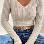 Rib V neck μακρυμάνικο εφαρμοστό μπλουζάκι