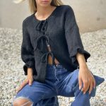 Ζακέτα πλεκτή μαύρη με δέσιμο μπροστά